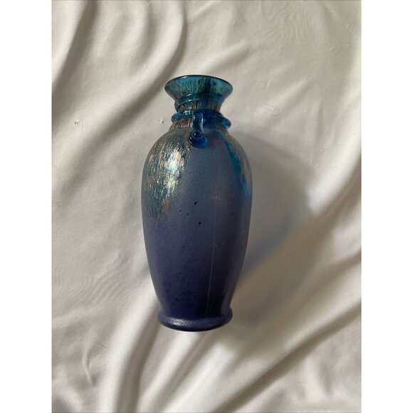 Handmade Blue & Gold Art Glass Vase With Textured Design - Decorative Accent Pie - Picture 2 of 14